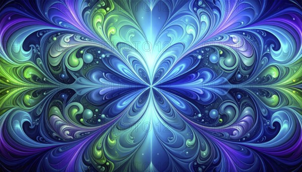 Symmetric Abstract Bright Liquid Ornament Background, futuristic wallpaper template illustration, vibrant blue and green neon hues, AI generated