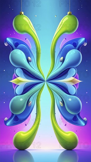 Symmetric Abstract Bright Liquid Ornament Background, futuristic wallpaper template illustration, vibrant blue and green neon hues, AI generated