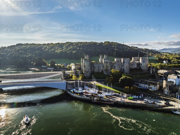 Conwy Castle over River Convy from a drone, Convy, North Wales, England, United Kingdom