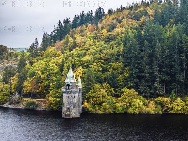 Llyn Brianne Dam and Reservoir from a drone, Lake Vyrnwy, Powys, Wales, England, United Kingdom