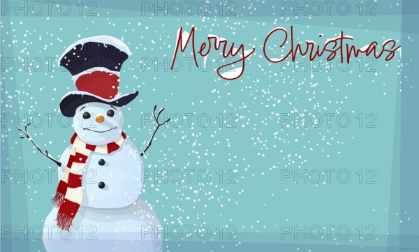 Winter Holidays editable vector text card with cute snow man wearing a fancy hat and scarf. Christmas Background for your design