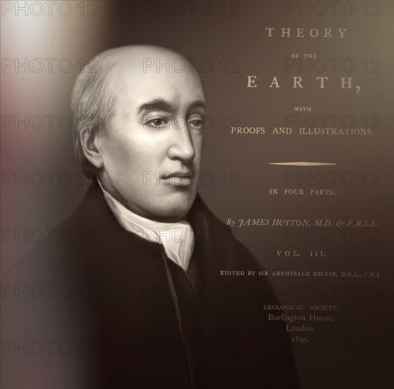 Portrait of James Hutton, 1726 – 1797, Scottish geologist, agriculturalist, chemical manufacturer, naturalist and physician, the Father of Modern Geology, title of his book Theory of the Earth, digitally edited