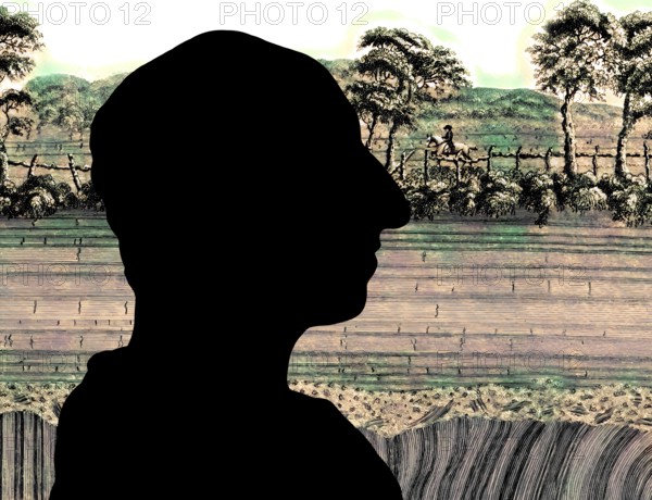 Silhouette of James Hutton, 1726 – 1797, Scottish geologist, agriculturalist, naturalist and physician, the Father of Modern Geology, in the background The Unconformity at Jedburgh, Scotland, illustration by John Clerk of Eldin from the publication Theory of the Earth, digitally edited