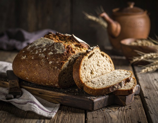 Rustic loaf of whole grain bread, fresh baked, close up of bread on dark wooden table, golden rust, soft lighting with blurred background, symbol for bakery and agriculture, healthy eating background, AI generated