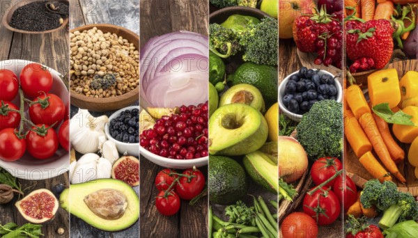 Food collage of various biological and organic fruits and vegetables, fresh healthy lifestyle, with a variety of vitamins, citrus fruits, green and red organic vegetables, kiwi, bananas, apple, avocados, tomatoes and green salad, symbolic background illustration for banner, template or wallpaper, AI generated