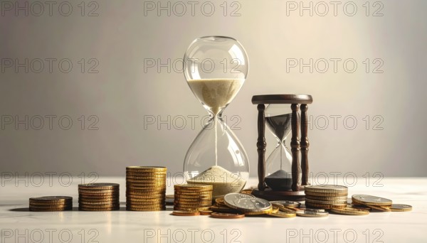 Hourglass and stacked golden coins, illustrating currency fluctuation and time impact commodities value, symbolizing fluctuating finance market changes, business setting, glass with sand on wooden table in the office, blurred background, wallpaper illustration, AI generated