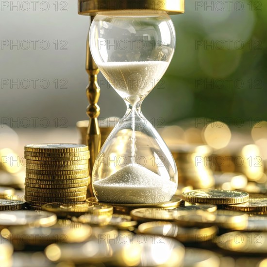 Hourglass and stacked golden coins, illustrating currency fluctuation and time impact commodities value, symbolizing fluctuating finance market changes, business setting, glass with sand on wooden table in the office, blurred background, wallpaper illustration, AI generated