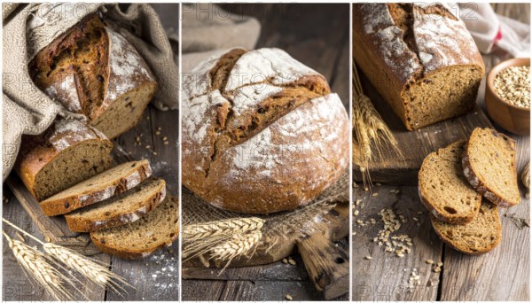 Collage of rustic loaf of whole grain bread, bread on dark rustic wooden table, great variety of grain and whole wheat bread, illustration wallpaper for bakery and healthy food lifestyle, AI generated