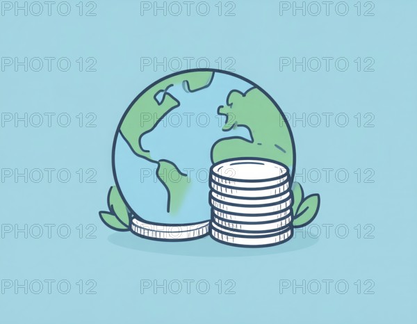 Green earth globe with silver coin stack symbolizing global finance economy and sustainable growth, abstract geometric vector illustration, wallpaper template background, AI generated