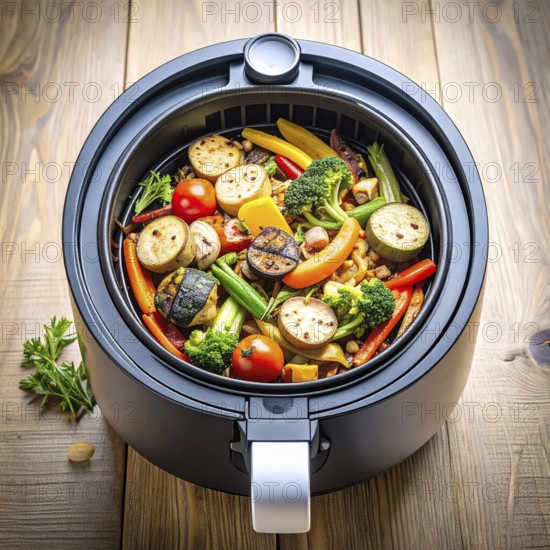 Air fryer with grilled vegetables, wooden table in the kitchen, healthy eating, healthy vegetarian lifestyle with fruits and vegetables, close up with blurred background, soft light, AI generated