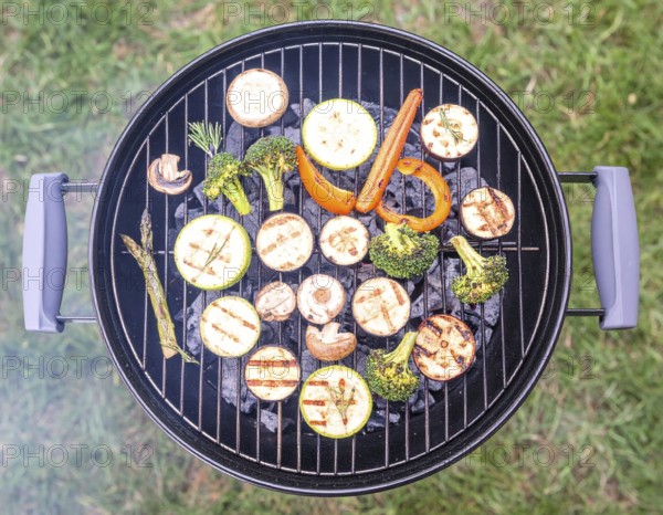 Cooking vegetables on grill outdoors, healthy lifestyle with healthy food, close up of grill with blurred background, soft golden light, picnic in the green park or garden, no people, AI generated