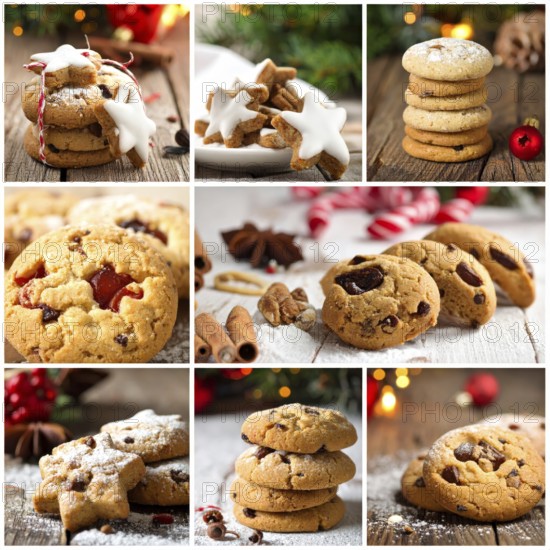Collage of Christmas cookies and sweets, variation of sweet desserts, lots of unhealthy calories, soft golden light, festive wallpaper background, AI generated