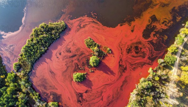 Red algae plant on the lake. abstract ecology nature concept, wild landscape with vibrant red colored water and green forest on a sunny day in summer, Aerial view, wilderness nature with no people around, AI generated