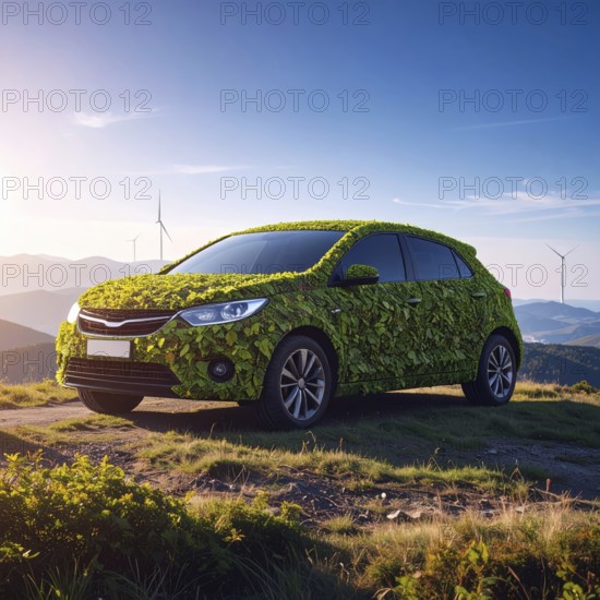 Car formed by green leaves and branches. Sustainable Car technology, ecology concept in harmony with nature, abstract wallpaper illustration, AI generated