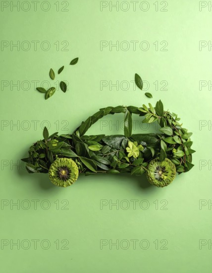Car formed by green leaves and branches. Sustainable Car technology, ecology concept in harmony with nature, abstract wallpaper illustration, AI generated