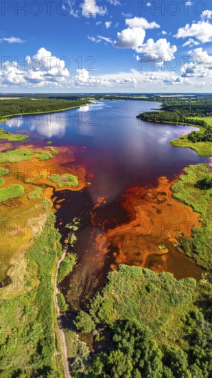 Red algae plant on the lake. abstract ecology nature concept, wild landscape with vibrant red colored water and green forest on a sunny day in summer, Aerial view, wilderness nature with no people around, AI generated