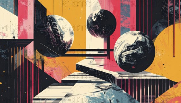 Vector art illustration, spheres, rectangles, triangles and geometric pattern, vector wallpaper illustration, textured background in vibrant colors, abstract drawing, simple artwork design for template or banner, AI generated