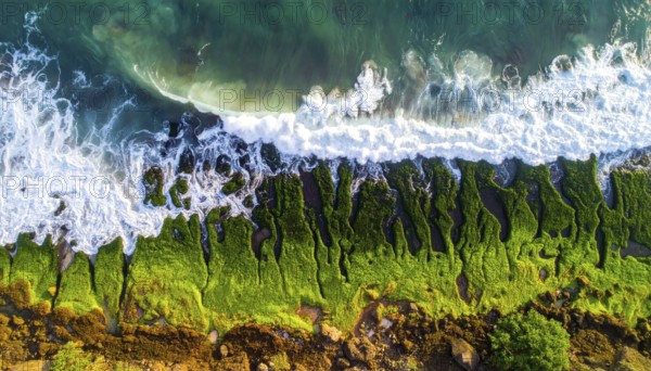 Green algae on the sandy shore of an ocean. Fascinating phenomenon of wild coastline with green plants, white sands, stone, blue water and cliffs, Aerial view of a beautiful abstract unreal and textured landscape, AI generated