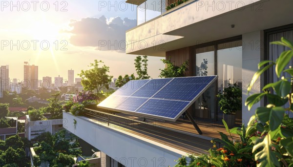 Sunlight Glinting Off Solar Panels on Contemporary Apartment Balcony, energy solution, concept of sustainable energy and environment protection, AI generated