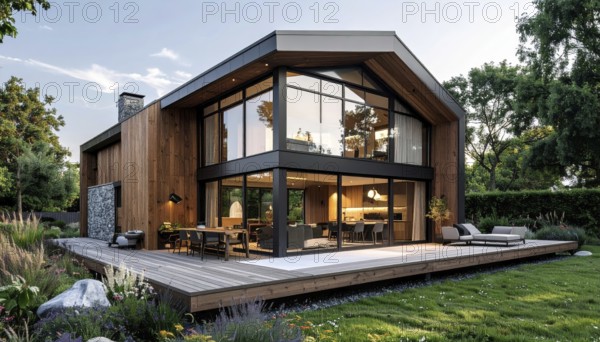 Modern Extension on a Traditional Cottage with Glass and Wood Architecture, green garden with plants and trees in the wilderness, evening soft twilight, on a clear sky, lights insight, AI generated