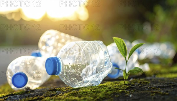 Crushed plastic water bottle waste in a wild landscape, symbol for nature protection, waste avoidance, recycling and ecology concepts on earth environment, AI generated