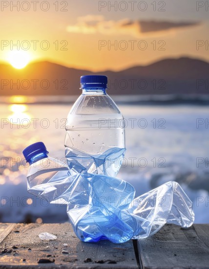 Crushed plastic water bottle waste in a wild landscape, symbol for nature protection, waste avoidance, recycling and ecology concepts on earth environment, AI generated