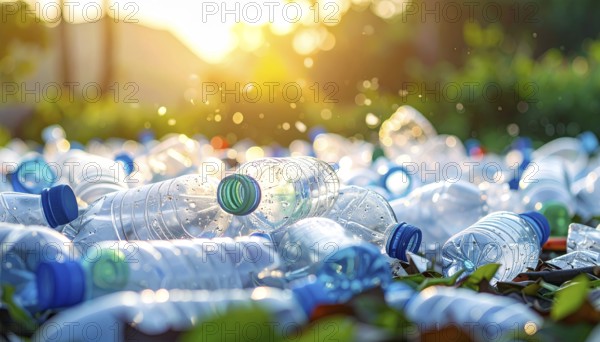 Crushed plastic water bottle waste in a wild landscape, symbol for nature protection, waste avoidance, recycling and ecology concepts on earth environment, AI generated