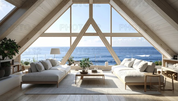 Peaceful A-frame cabin interior with ocean views, real estate lifestyle and travel destination, Comfortable minimalist sanctuary embraced by natural beauty and stunning coastal scenery, clear blue sky, AI generated