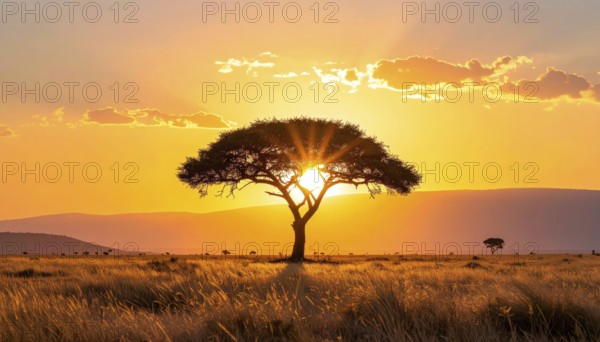 Single acacia tree in the savannah at sunset, solitude in the wild, dry grass in the foreground, yellow sky with colorful clouds, AI generated