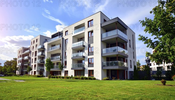 New modern block of flat, condo architecture, Residential apartment as a flat, luxury house complex, City real estate property, green garden plants in front, clear blue sky with golden evening light, AI generated