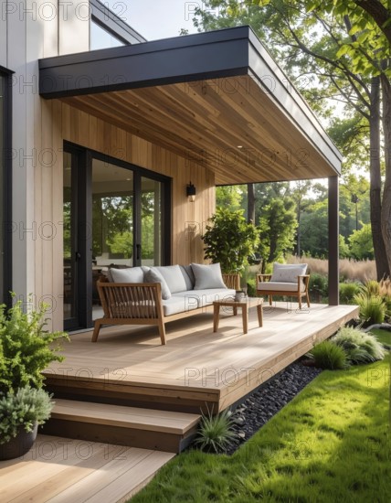 An eco-friendly porch designed for sustainable living in an environmentally-conscious home, lush greenery, landscape bathed in warm sunlight, AI generated