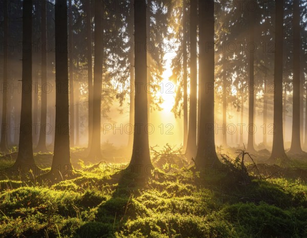 Sunlight streaming through a dense, misty forest, Fog covered forest in summer with mystic golden sunlight, spring morning landscape, backlight sunshine with sunbeams, AI generated