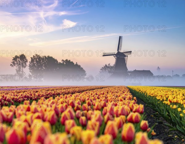 Fog covered landscape in sunrise with tulip fields and windmill in background, AI generated