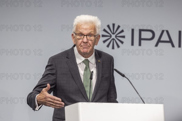 Winfried Kretschmann (Greens), Minister-President of Baden-Württemberg. portrait at the lectern with free text space. ground-breaking ceremony ceremony for the Innovation Park for Artificial Intelligence (IPAI), Heilbronn, Baden-Württemberg, Germany