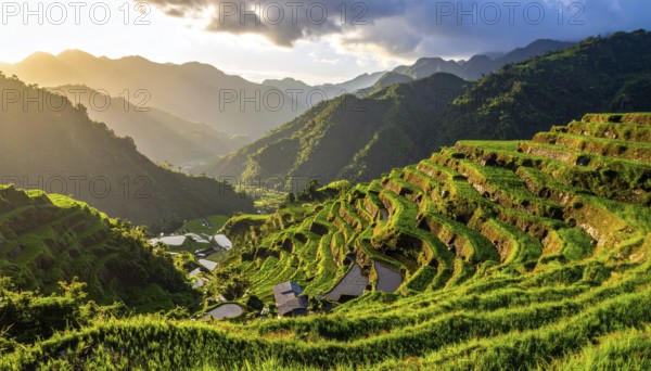 Early morning light bathes Philippines rice terraces cascading down mountain slopes, beautiful golden light, AI generated
