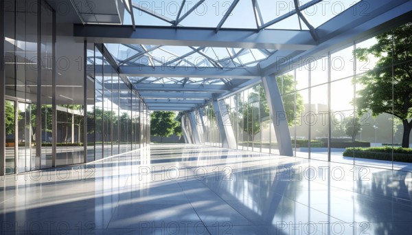 Modern architectural framework with glass and steel structure, glass facade with a greed of steel arrows, blue sky with a soft golden light of a sunrise, AI generated