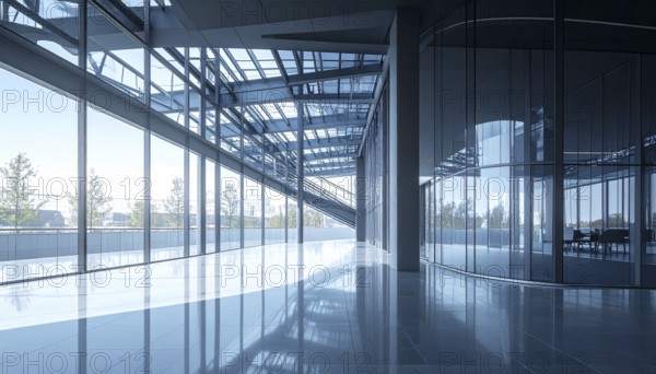 Modern architectural framework with glass and steel structure, glass facade with a greed of steel arrows, blue sky with a soft golden light of a sunrise, AI generated