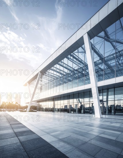 Modern architectural framework with glass and steel structure, glass facade with a greed of steel arrows, blue sky with a soft golden light of a sunrise, AI generated