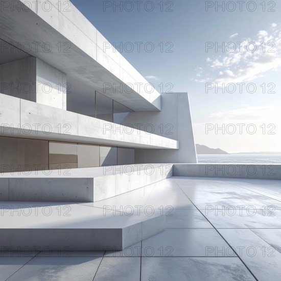 3d illustration of abstract modern architecture background, Minimal geometry architectural design, futuristic car presentation backdrop with empty concrete floor and clear simple lines, white and grey color tones, AI generated