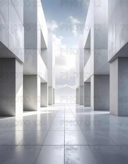 3d illustration of abstract modern architecture background, Minimal geometry architectural design, futuristic car presentation backdrop with empty concrete floor and clear simple lines, white and grey color tones, AI generated