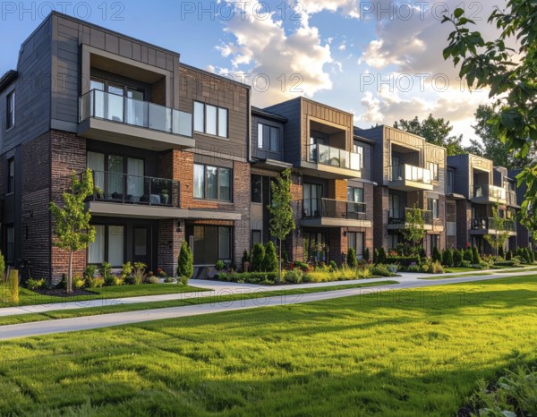 Modern apartment building with balconies and well-kept landscaping at sunset, Modern multifamily housing property with brick, siding facade features balconies, manicured lawns. Contemporary residential buildings offer urban living spaces, condominium options in scenic town, blue sky with a colorful sunrise, AI gererated, AI generated