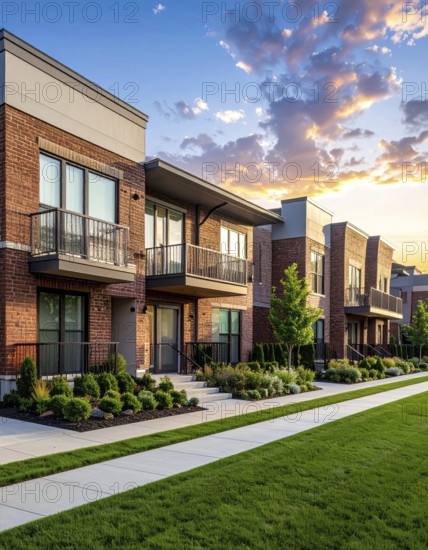 Modern apartment building with balconies and well-kept landscaping at sunset, Modern multifamily housing property with brick, siding facade features balconies, manicured lawns. Contemporary residential buildings offer urban living spaces, condominium options in scenic town, blue sky with a colorful sunrise, AI gererated, AI generated