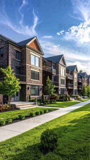 Modern apartment building with balconies and well-kept landscaping at sunset, Modern multifamily housing property with brick, siding facade features balconies, manicured lawns. Contemporary residential buildings offer urban living spaces, condominium options in scenic town, blue sky with a colorful sunrise, AI gererated, AI generated