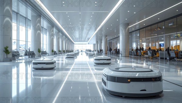 Autonomous cleaning roboter at modern airport terminal, showcasing advanced technology, daylight in the hall, the future of autonomous cleaning industry, AI generated