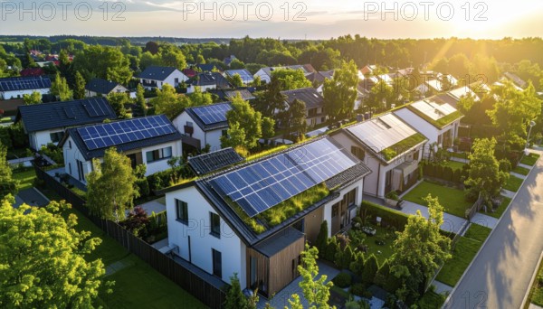 Aerial view showcases modern houses with solar panels and green roofs in a suburban setting, vibrant sunrise with blue sky, AI generated
