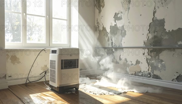 A specialized dehumidifier operates in a mold-infested room following water damage, Shell construction at construction site, AI generated