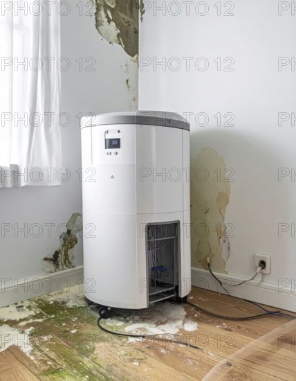 A specialized dehumidifier operates in a mold-infested room following water damage, Shell construction at construction site, AI generated