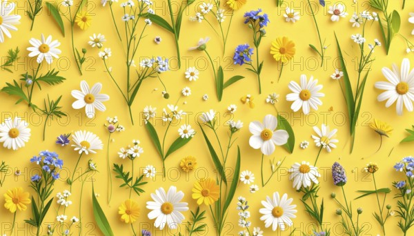 Vibrant wildflowers and grass create a colorful and joyful floral pattern, Variety of wild flowers, spring plant and grass seamless pattern, vibrant realistic vector illustration wallpaper, a spring natural colorful background as template or poster, AI generated