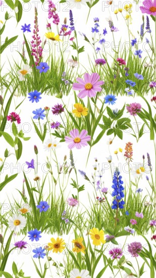 Vibrant wildflowers and grass create a colorful and joyful floral pattern, Variety of wild flowers, spring plant and grass seamless pattern, vibrant realistic vector illustration wallpaper, a spring natural colorful background as template or poster, AI generated