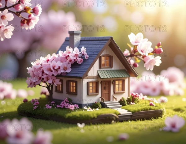 A miniature house surrounded by blooming cherry blossoms and warm sunlight, creating a peaceful and idyllic spring atmosphere, toy house on blossom cherry flowers, spring natural background. concept of mortgage, construction, rental, family and property, AI generated